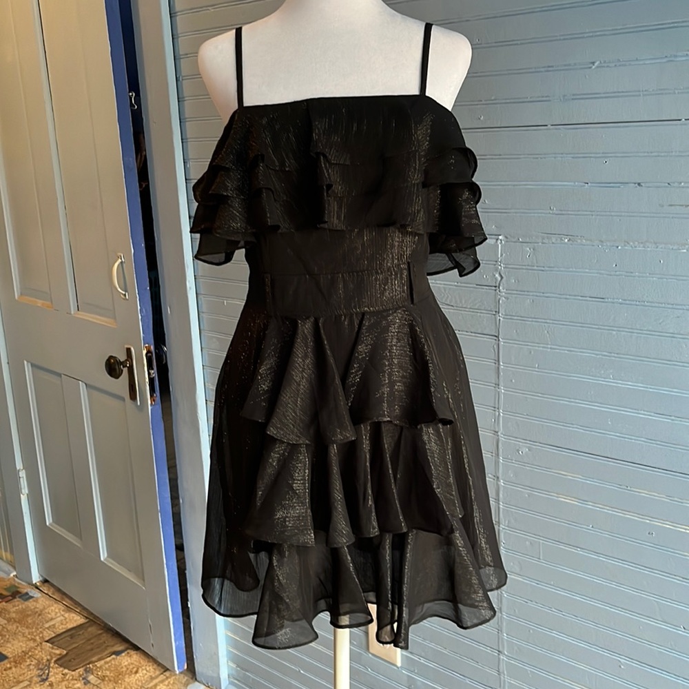 Double Zero layer ruffled shiny short black dress.